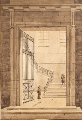 an old drawing of a man and a woman walking up a set of stairs