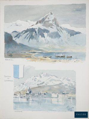 deux aquarelles représentant une montagne et un plan d'eau