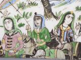 a painting of a group of people sitting on a bench