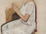tableau représentant une femme en robe blanche assise sur une chaise