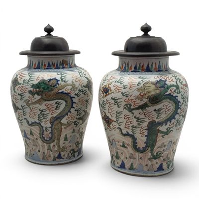 paire de vases asiatiques ornés de motifs de dragons sur fond blanc
