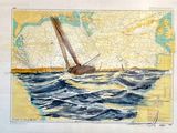 tableau représentant un voilier sur une mer agitée, avec une carte en arrière-plan