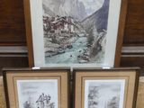 two framed pictures of mountains and a river in a wooden frame