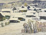 tableau représentant un village en hiver, avec de la neige au sol