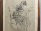 drawing of a woman sitting on a chair reading a book