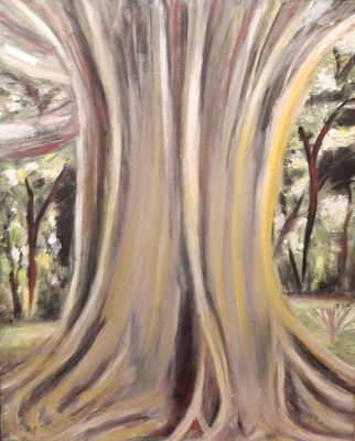 an oil painting of a large tree in a forest