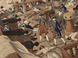 painting of a group of people on a ship in a harbor