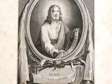 une gravure représentant le portrait d'un homme tenant une pancarte