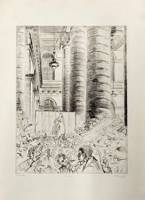 une image représentant un dessin d'une foule devant un bâtiment