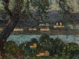 un tableau représentant une vue sur une rivière et un village