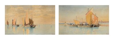 deux tableaux représentant des bateaux sur un plan d'eau, avec le ciel en arrière-plan
