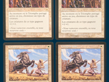 four cards of a card game with a picture of a knight on a horse
