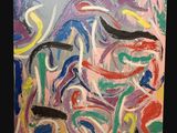 représentation d'un tableau sur fond noir, orné d'un motif rouge, jaune, bleu, vert et noir
