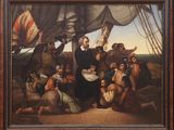 une peinture à l'huile représentant un groupe de personnes sur un bateau