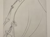 a black and white drawing of a man riding a skateboard