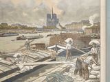 a picture of a painting of people on a dock