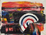 abstract painting of a red, white, and blue car with a red, white, and blue stripe
