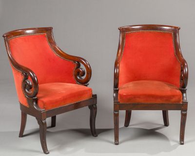 pair of 19th century mahogany armchairs with red velvet upholstered seats