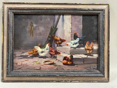 a picture of a painting of chickens and chickens on a porch