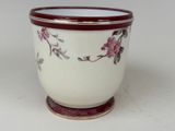 a white cup with a red rim and flowers on it