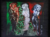 a painting of three people standing next to each other