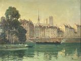 tableau représentant une vue d'une ville avec un bateau sur l'eau