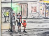 dessin représentant une femme et un enfant marchant dans une rue, avec un feu tricolore en arrière-plan