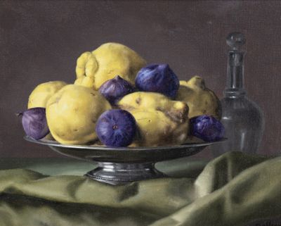 a painting of a bowl of plums and lemons on a table