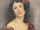 painting of a woman in a red dress with a flower in her hair