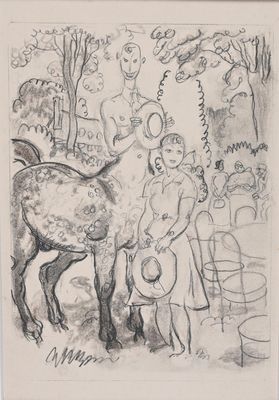 dessin représentant une femme avec un cheval et un enfant dans un jardin