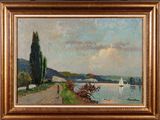 une peinture à l'huile représentant un voilier sur l'eau, près du rivage