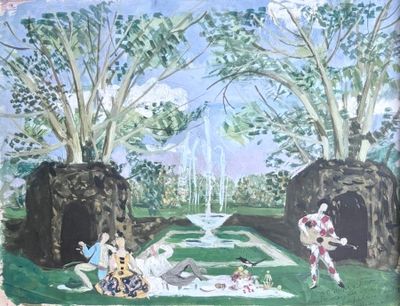 un tableau représentant un groupe de personnes assises dans un parc