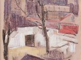 une image représentant une peinture d'un bâtiment avec un arbre au premier plan