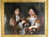 tableau représentant deux jeunes filles tenant des fleurs, dans un cadre doré
