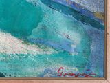 a painting of a surfer riding a wave in the ocean