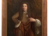 a painting of a man in a brown robe holding his hands on his hips