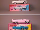 two different views of a pink and blue toy car and a pink and white toy car
