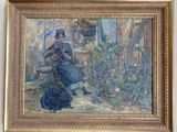 an oil painting of a woman sitting on a bench in front of a window