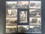 several old black and white photographs of a church and other buildings
