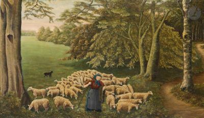 un tableau représentant une femme debout dans un champ avec un troupeau de moutons