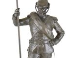 statue en bronze représentant un homme muni d'une lance et d'un bouclier, sur fond blanc