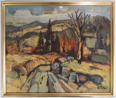 an oil painting of a landscape with a road in the foreground and trees in the background