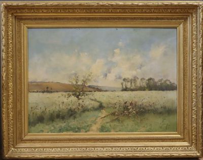 an oil painting of a field with a path in the distance