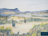 une aquarelle représentant un paysage avec des montagnes en arrière-plan