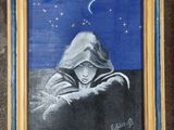 painting of a man with a hoodie sitting on a ledge in front of a night sky