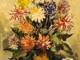 une peinture représentant un vase de fleurs et de fruits sur une table