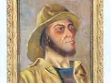painting of a man in a hat and yellow jacket