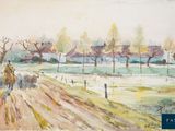 une aquarelle représentant une calèche tirée par des chevaux sur la route