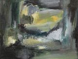 an oil painting of a man in a boat under a bridge