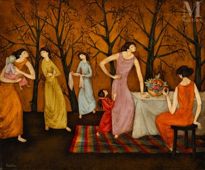 un tableau représentant un groupe de femmes assises autour d'une table